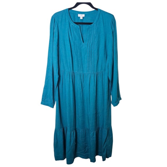 J. Jill Dresses & Skirts - J. Jill Dress Large Teal Blue Linen Blend Tiered Pin Tuck Pleated Midi Boho